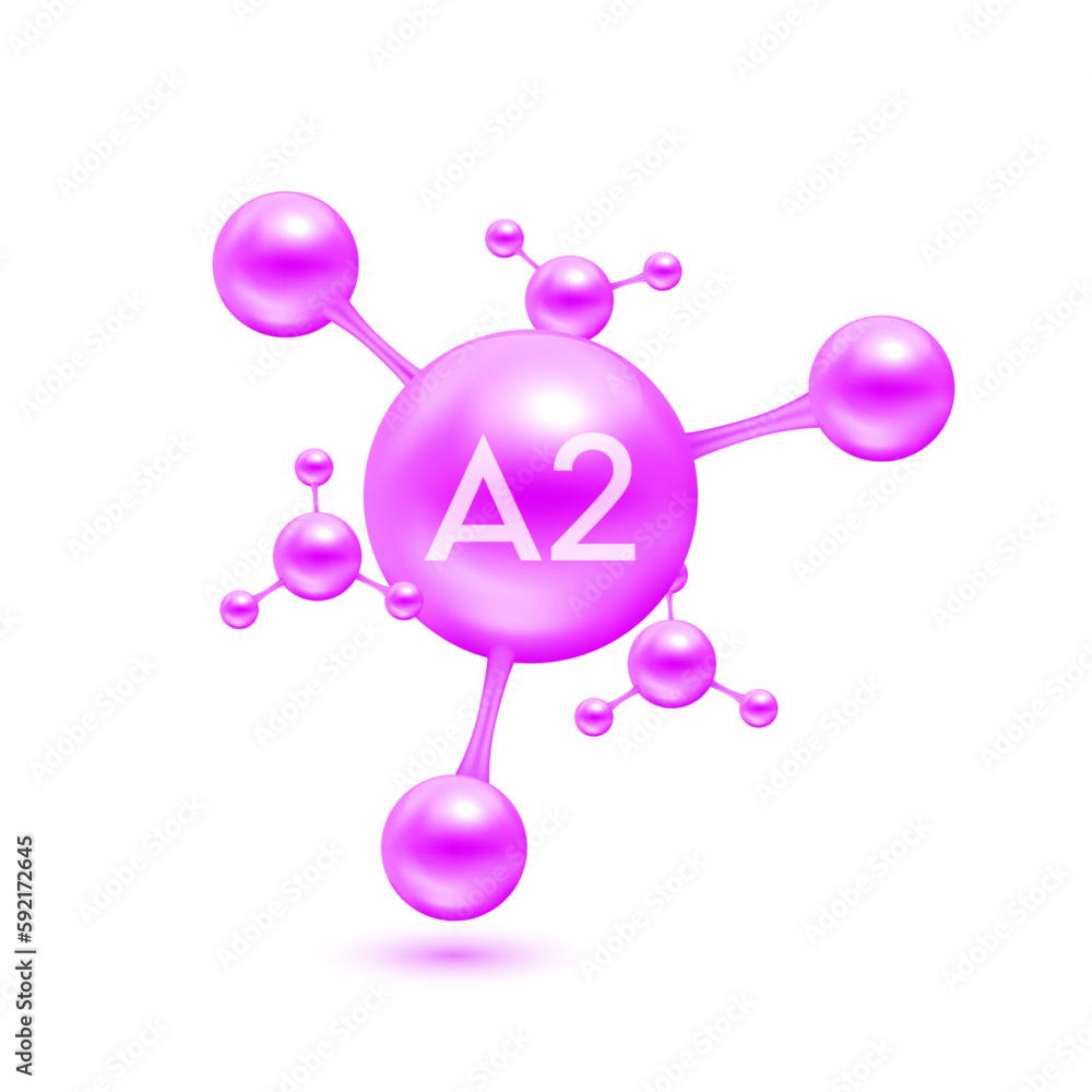 Vitamin A2 in the form of atoms molecules purple glossy. Icon 3D isolated on white background. Minerals vitamins complex. Medical and science concept. Vector EPS10 illustration. Vitamin A2 in the form of atoms molecules purple glossy. Icon 3D isolated on white background. Minerals vitamins complex. Medical and science concept. Vector EPS10 illustration.