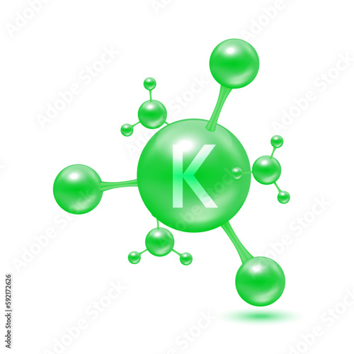 Potassium mineral in the form of atoms molecules green glossy. Potassium icon 3D isolated on white background. Minerals vitamins complex. Medical and science concept. Vector EPS10 illustration.