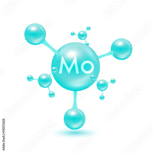 Molybdenum mineral in the form of atoms molecules blue glossy. Molybdenum icon 3D isolated on white background. Minerals vitamin complex. Medical and science concept. Vector EPS10 illustration.