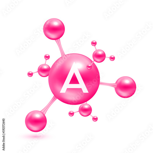 Vitamin A in the form of atoms molecules pink glossy. Icon 3D isolated on white background. Minerals vitamins complex. Medical and science concept. Vector EPS10 illustration.