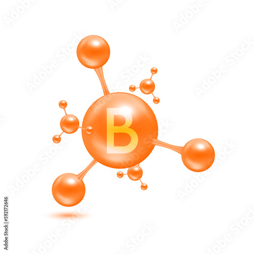 Vitamin B in the form of atoms molecules orange glossy. Icon 3D isolated on white background. Minerals vitamins complex. Medical and science concept. Vector EPS10 illustration.