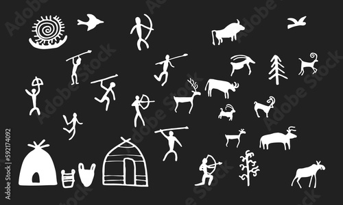 Cave painting prehistoric rock art hand drawn sketch style vector illustration set. Rock age cave paintings set with prehistoric wild animals, tribal people and village buildings.