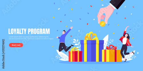 Get online reward and gifts, earn loyalty program points. Get loyalty card and customer service business concept flat design vector illustration. Tiny people with big gift boxes.