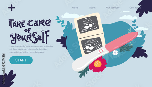 A positive pregnancy test result, a photo of a baby on an ultrasound scan, a large belly of a pregnant woman. Cartoon. Vector