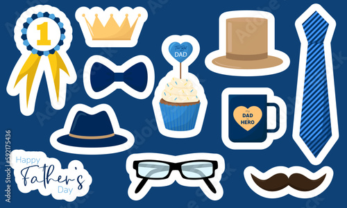 Set of stickers for Happy Fathers Day. Clip art for father day. Hat, mustache, crown, cupcake, cup, tie.