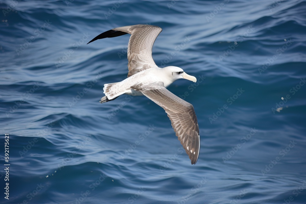 The albatross spreads its wings and flies over the water, generative AI. The albatross spreads its wings and flies over the water, generative AI.