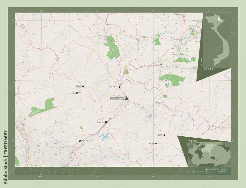 Fototapeta premium Lang Son, Vietnam. OSM. Labelled points of cities