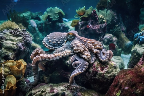 A large octopus at the bottom of the sea between coral reefs  generative AI.