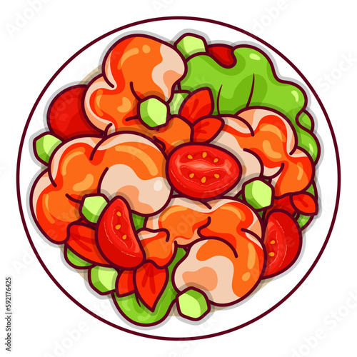 Shrimps salad with avocado and lettuce illustration vector. Asian prawn salad with mayonnaise food icon top view. Fresh salad with shrimp, tomato and mixed greens top view cartoon. Seafood menu icon.