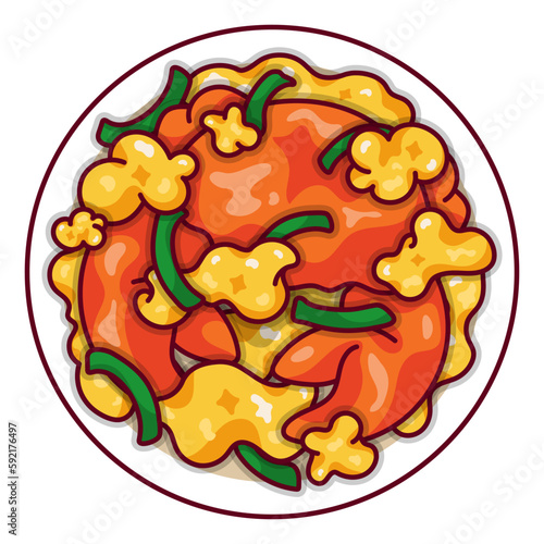 Thai stir fried crab meat with curry powder illustration vector. Indian crab curry with coconut milk food icon top view. Asian crab curry with egg top view cartoon. Malaysian style crab curry menu.
