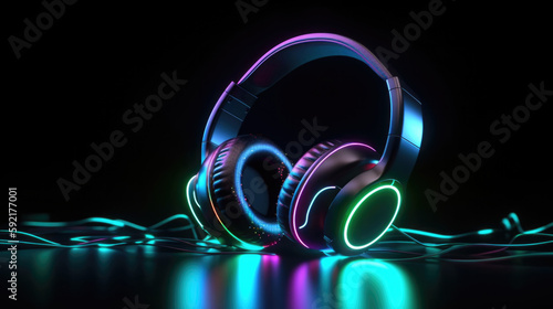 Futuristic Headphones with multicolored Neon lights Generative AI. photo