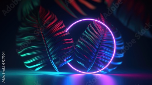 Purple, Circular Neon light with Tropical Leaves. Generative AI.