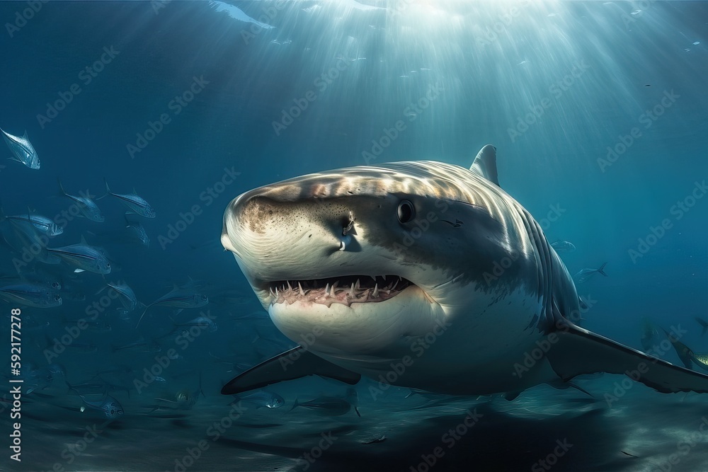 Fototapeta premium A close-up of a shark swims among small fish, generative AI.