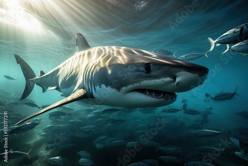 A close-up of a shark swims among small fish  generative AI.