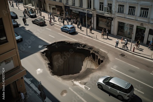 sinkhole in the middle of busy city street, with cars and people going about their day without noticing it, created with generative ai