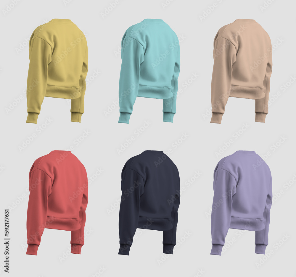 Mockup yellow, violet, dark blue, tan, nude, red, turquoise canvas bella 3D rendering sweatshirt crop, back view. Set