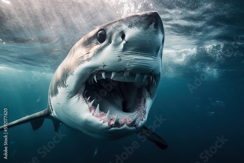 A shark with an open mouth swims underwater  generative AI.