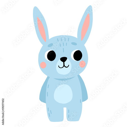 Cartoon baby rabbit. Cute blue bunny standing. Isolated vector illustration for childrens book.