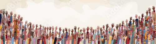 Many black skin African American men women children seniors  group hand raised on colored background copy space. Black history month concept banner poster. Racial equality.Mixed age range