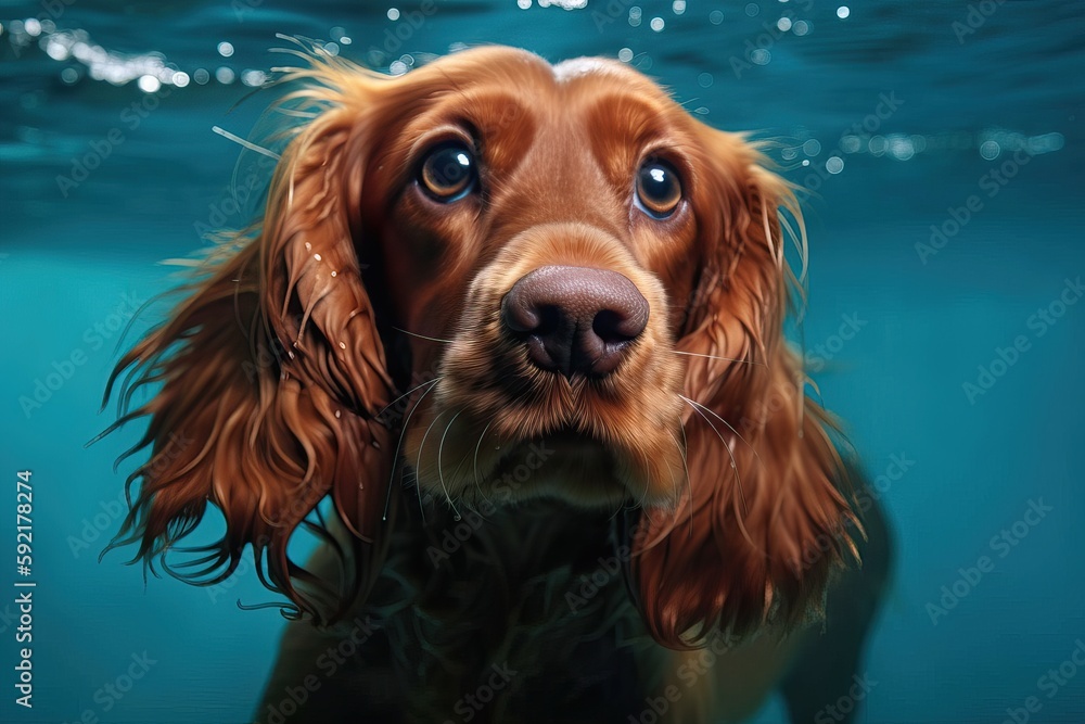 A red cocker spaniel swims under water, generative AI.