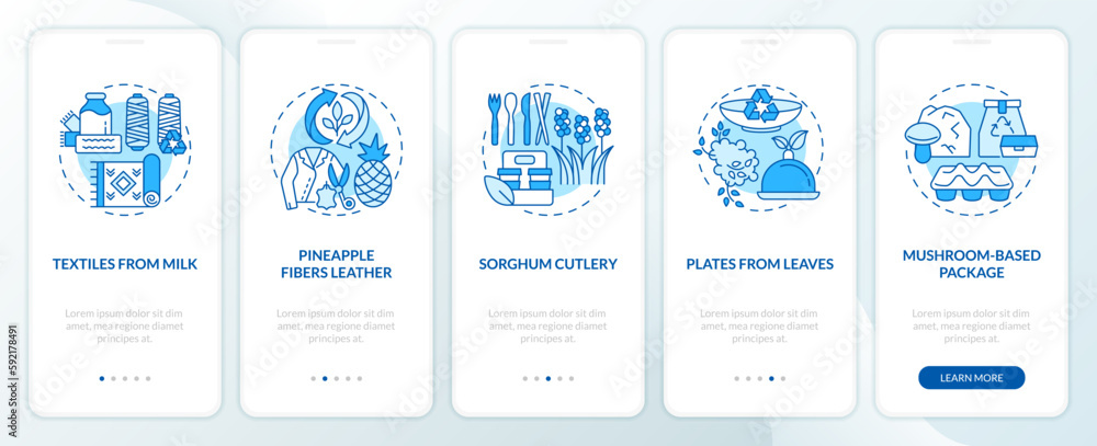Bio based materials examples blue onboarding mobile app screen. Walkthrough 5 steps editable graphic instructions with linear concepts. UI, UX, GUI template. Myriad Pro-Bold, Regular fonts used