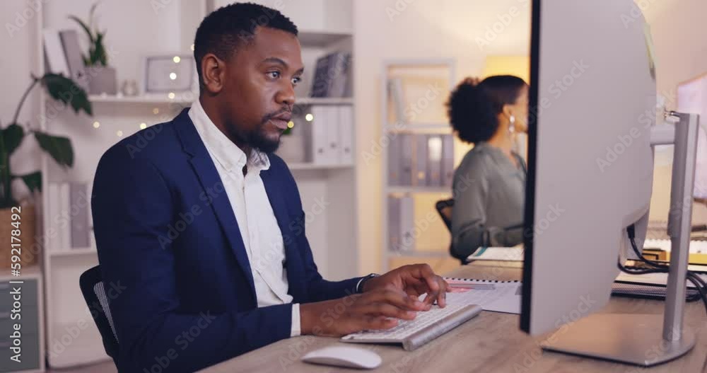 Business, writing and black man with notebook by computer working late for planning, strategy and project. Corporate, focus and male worker at desk schedule, website research and online report notes Business, writing and black man with notebook by computer working late for planning, strategy and project. Corporate, focus and male worker at desk schedule, website research and online report notes