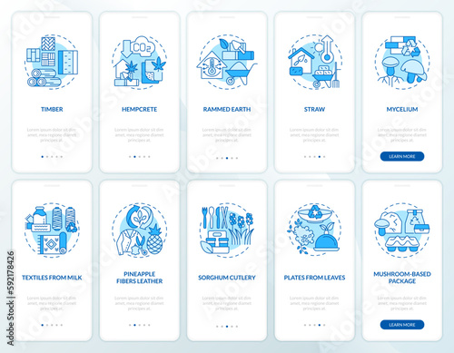 Bio based materials blue onboarding mobile app screen set. Bioproducts walkthrough 5 steps editable graphic instructions with linear concepts. UI, UX, GUI template. Myriad Pro-Bold, Regular fonts used