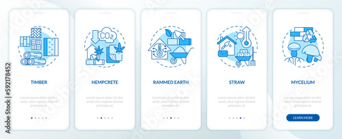 Bio based building materials blue onboarding mobile app screen. Walkthrough 5 steps editable graphic instructions with linear concepts. UI, UX, GUI template. Myriad Pro-Bold, Regular fonts used