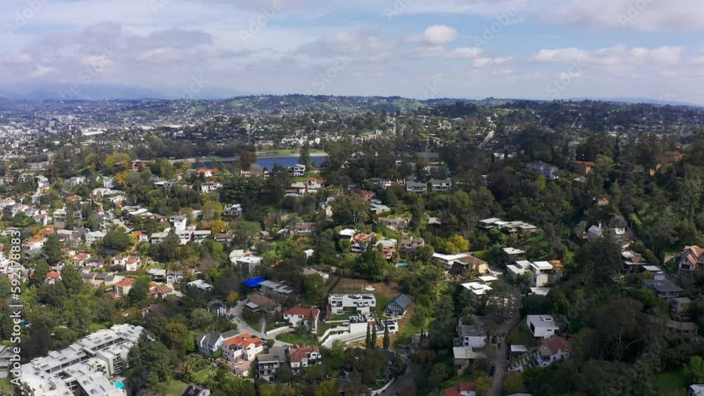 Descending and panning aerial shot of the hills of Silver Lake in Los Angeles, California. 4K Descending and panning aerial shot of the hills of Silver Lake in Los Angeles, California. 4K