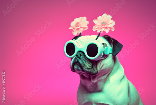 Fashionable Pug dog with flowers wearing VR glasses © May Thawtar