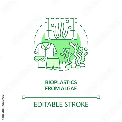 Bioplastics from algae green concept icon. Climate change. Sustainable clothing industry idea thin line illustration. Isolated outline drawing. Editable stroke. Arial, Myriad Pro-Bold fonts used