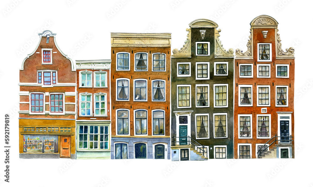 Drawing watercolor Holland houses. With cats in the windows. Netherlands painted in sketch style illustration. For interior print decoration, postcard, fabric, sketchbook cover.