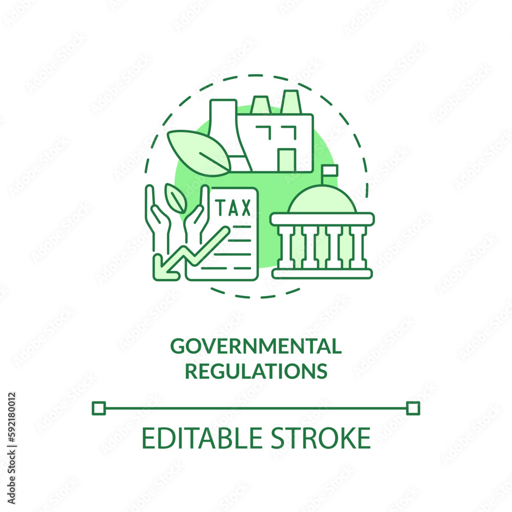 Governmental regulations green concept icon. Bioeconomy monitoring. Biotechnology development idea thin line illustration. Isolated outline drawing. Editable stroke. Arial, Myriad Pro-Bold fonts used