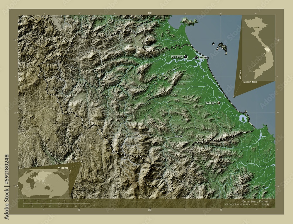 Fototapeta premium Quang Nam, Vietnam. Labelled points of cities