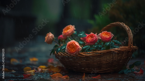 A basket full of roses after the rain. Generative AI