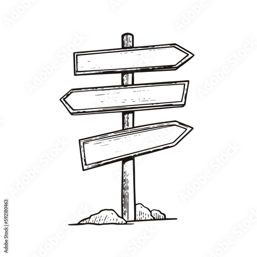 Old wooden signpost with arrows monochrome color outline sketch style.
