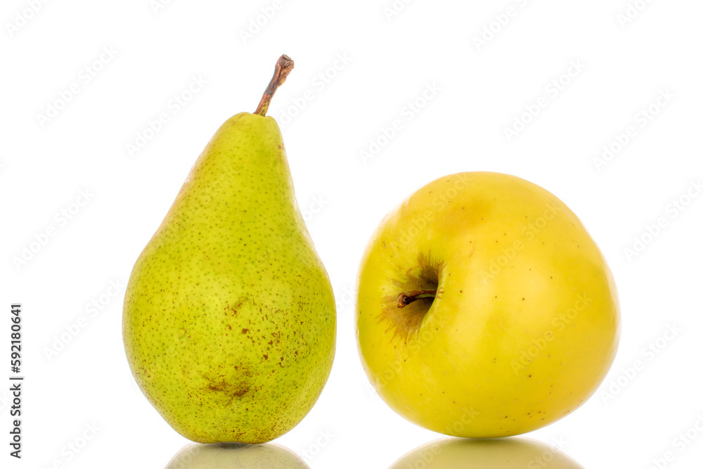 One sweet green pear and one yellow apple, macro, isolated on white background. One sweet green pear and one yellow apple, macro, isolated on white background.
