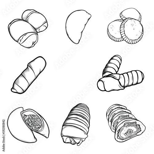Venezuelan traditional food doodle Illustration. Empanadas, arepa, pan de Jamon cheese bread. Line drawing, sketch.