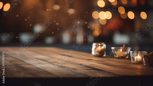 Rustic Elegance, Product Showcase on Wooden Tabletop with Bokeh Lights. Generative ai © _veiksme_