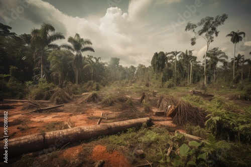 deforestation and habitat destruction in a tropical rainforest, with trees being felled and animals fleeing, created with generative ai photo