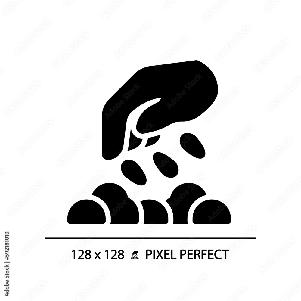 Seeding black glyph icon. Direct planting. Eco friendly farming. Vegetable garden. Soil preparation. Propagation method. Silhouette symbol on white space. Solid pictogram. Vector isolated illustration Seeding black glyph icon. Direct planting. Eco friendly farming. Vegetable garden. Soil preparation. Propagation method. Silhouette symbol on white space. Solid pictogram. Vector isolated illustration