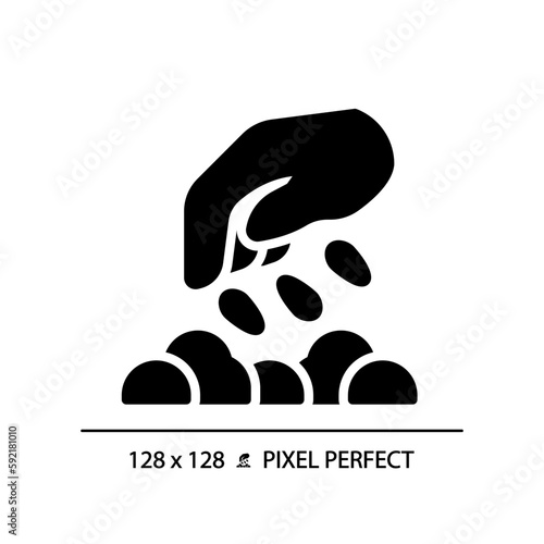 Seeding black glyph icon. Direct planting. Eco friendly farming. Vegetable garden. Soil preparation. Propagation method. Silhouette symbol on white space. Solid pictogram. Vector isolated illustration