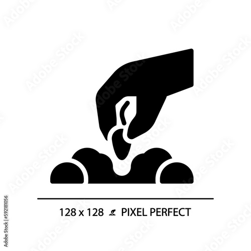 Sowing black glyph icon. Putting seed in soil. Growing plant. Agricultural process. Gardening season. Organic farming. Silhouette symbol on white space. Solid pictogram. Vector isolated illustration