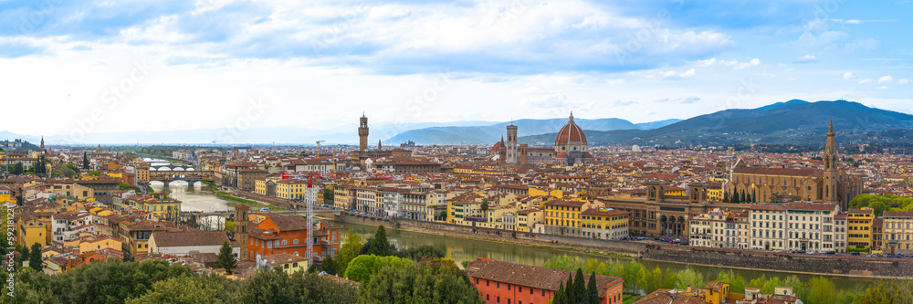 Firenze city skyline, buildings, and beautiful panorama landscape with the Arno River, Metropolitan City of Florence, the capital of Tuscany region, Italy