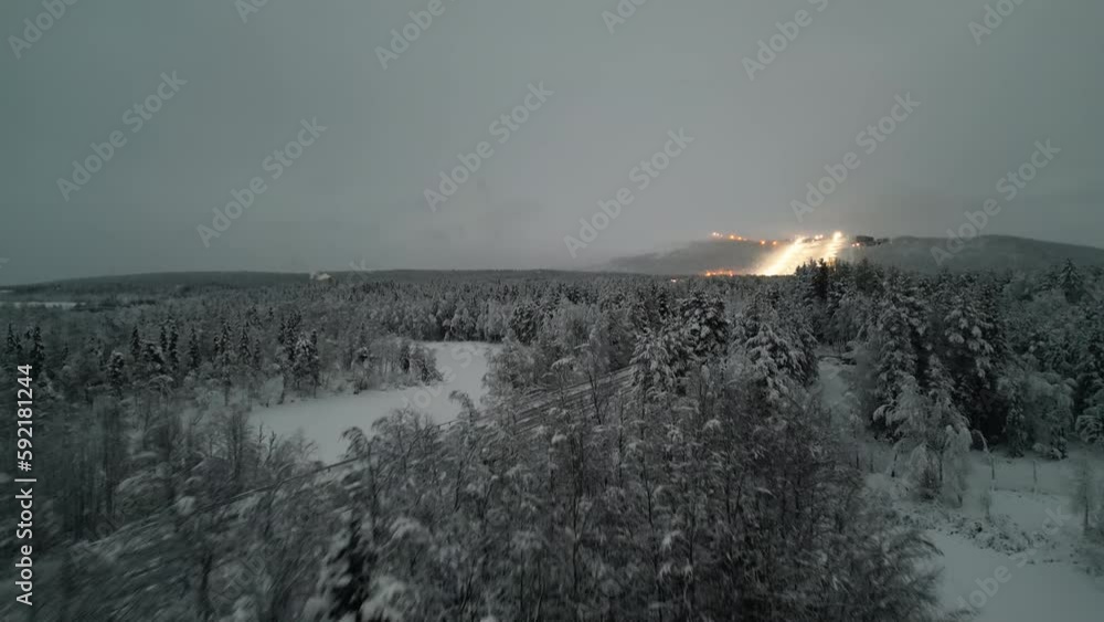 Winter. Drone's flight over snow-covered mountains, winter landscape, pine woodland Winter. Drone's flight over snow-covered mountains, winter landscape, pine woodland