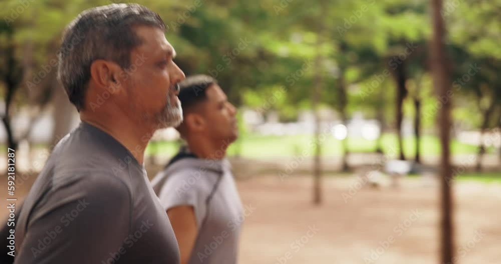 Male friends, running and outdoor park with athlete profile doing fitness, workout and run training. Nature trail, wellness and exercise men doing sports cardio for health and exercising goals Male friends, running and outdoor park with athlete profile doing fitness, workout and run training. Nature trail, wellness and exercise men doing sports cardio for health and exercising goals