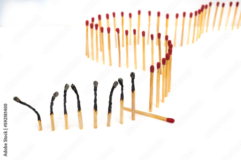 Row of burning matches and all matches on white background. spread of fire one match isolated to stop fire concept of the power of difference Row of burning matches and all matches on white background. spread of fire one match isolated to stop fire concept of the power of difference