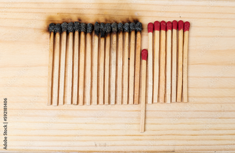 Row of burning matches and all matches on white background. spread of fire one match isolated to stop fire concept of the power of difference Row of burning matches and all matches on white background. spread of fire one match isolated to stop fire concept of the power of difference