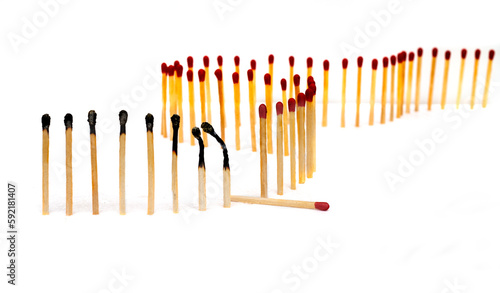 Row of burning matches and all matches on white background. spread of fire one match isolated to stop fire concept of the power of difference