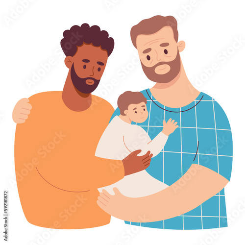 Happy interracial lgbt family. Cute fair-skinned adult man with baby in his arms and black ethnic guy partner. Vector illustration in flat style. parent, parenthood, fathers and family day concept